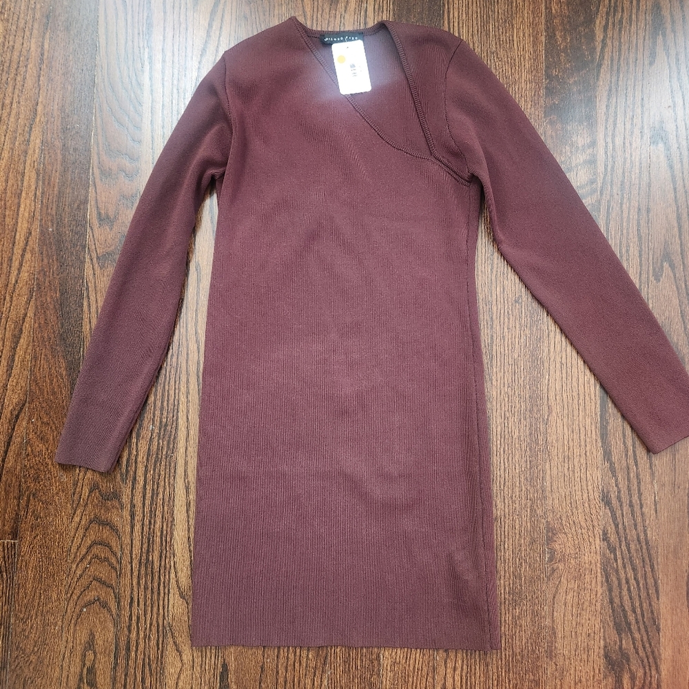 ENDLESS ROSE Coco Burgundy Long Sleeve Ribbed Knit Dress